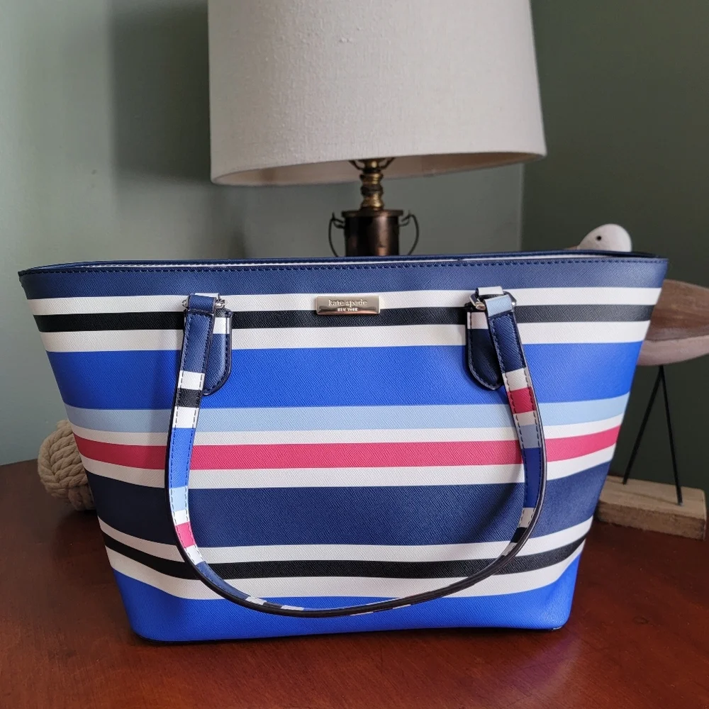 Kate Spade WKRU4294 Nautical Stripe Blue White Red PVC Tote Bag